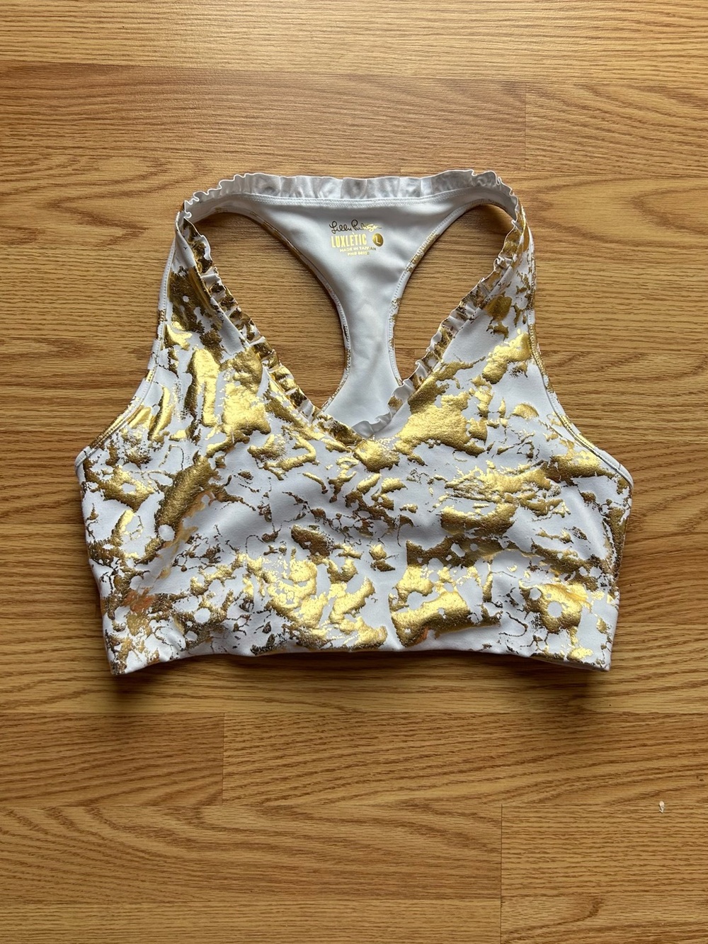 Lilly Pulitzer Luxletic Lindsay Sports Bra in Gold Shoreline Foil Size Large